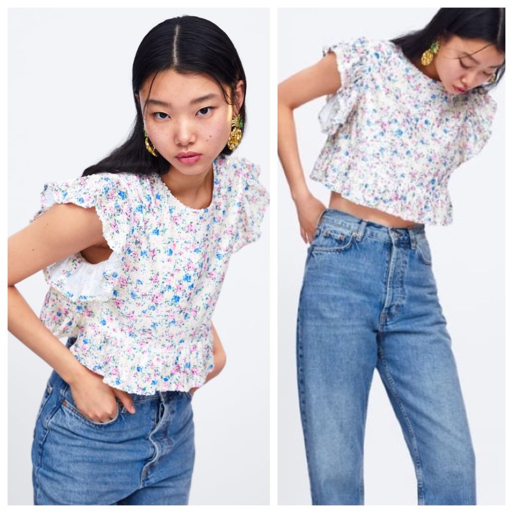 Zara Sequin White Pastel Floral Ruffle Peplum Short Sleeve Crop Top